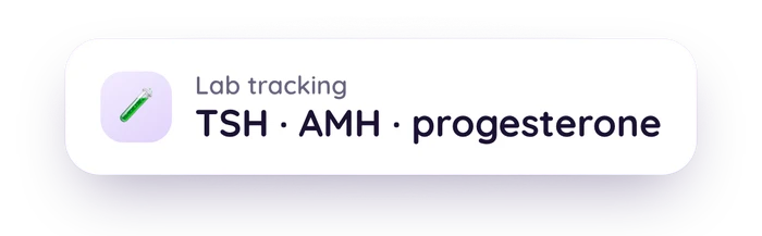 Lab tracking card listing TSH, AMH and progesterone