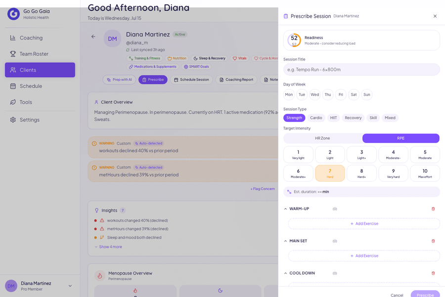 Program editor showing an updated training block and a recovery note for Diana