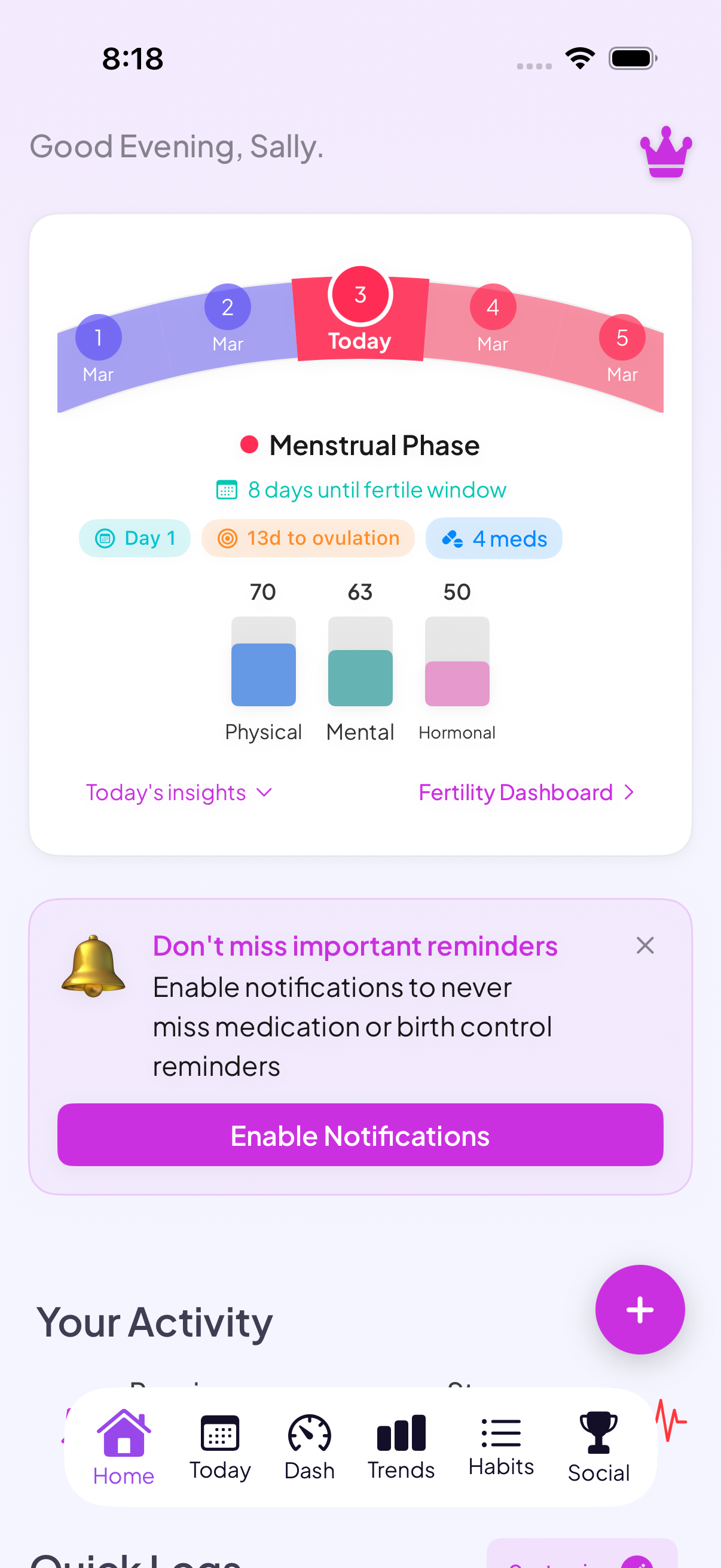 Fertility dashboard with fertile window countdown and ovulation tracking