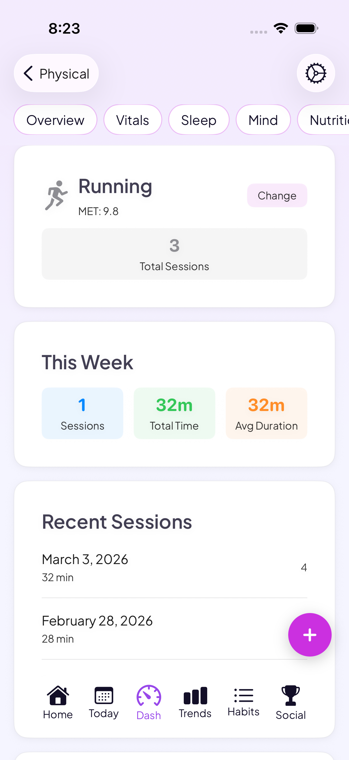 Fitness dashboard with running stats, weekly sessions, and workout history