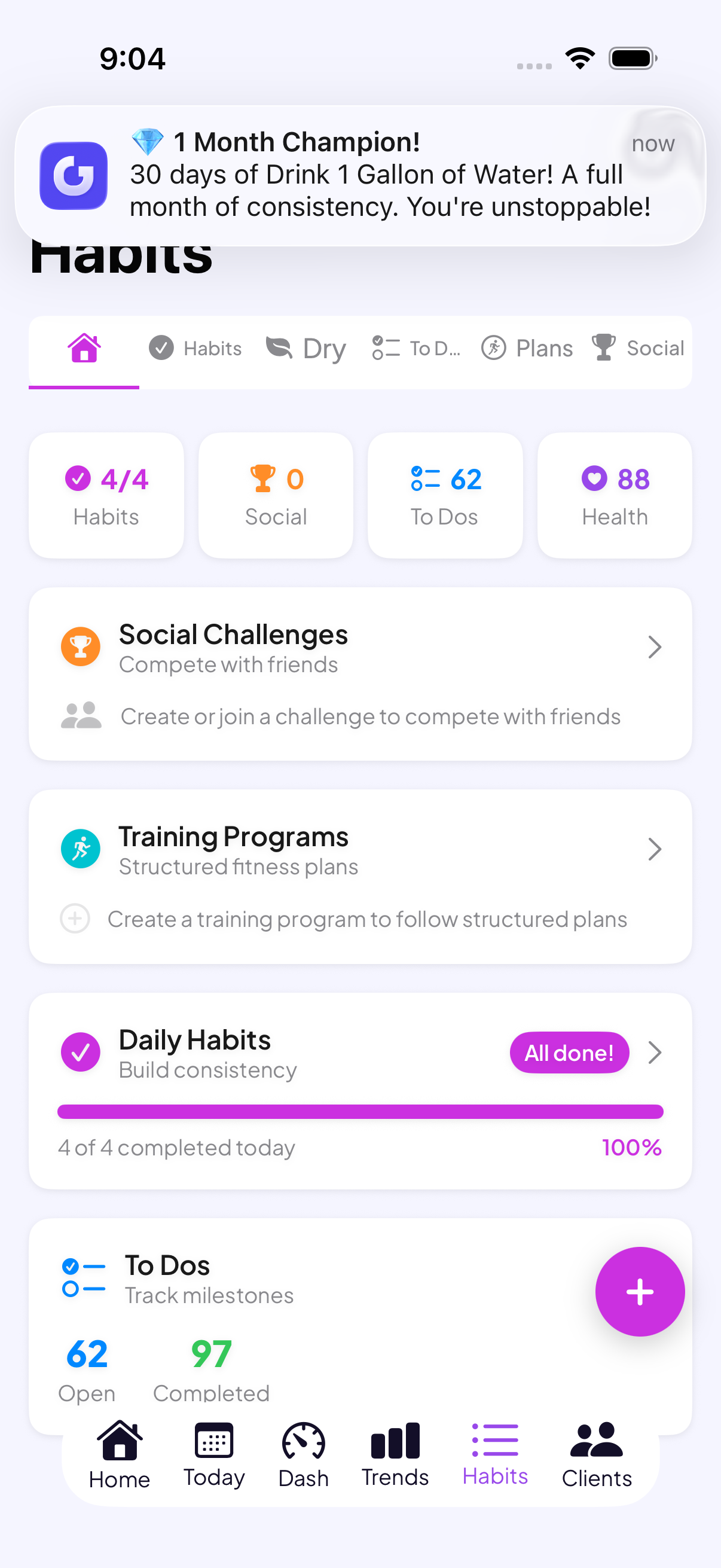 Habits dashboard showing completed daily habits, to-dos, and training programs