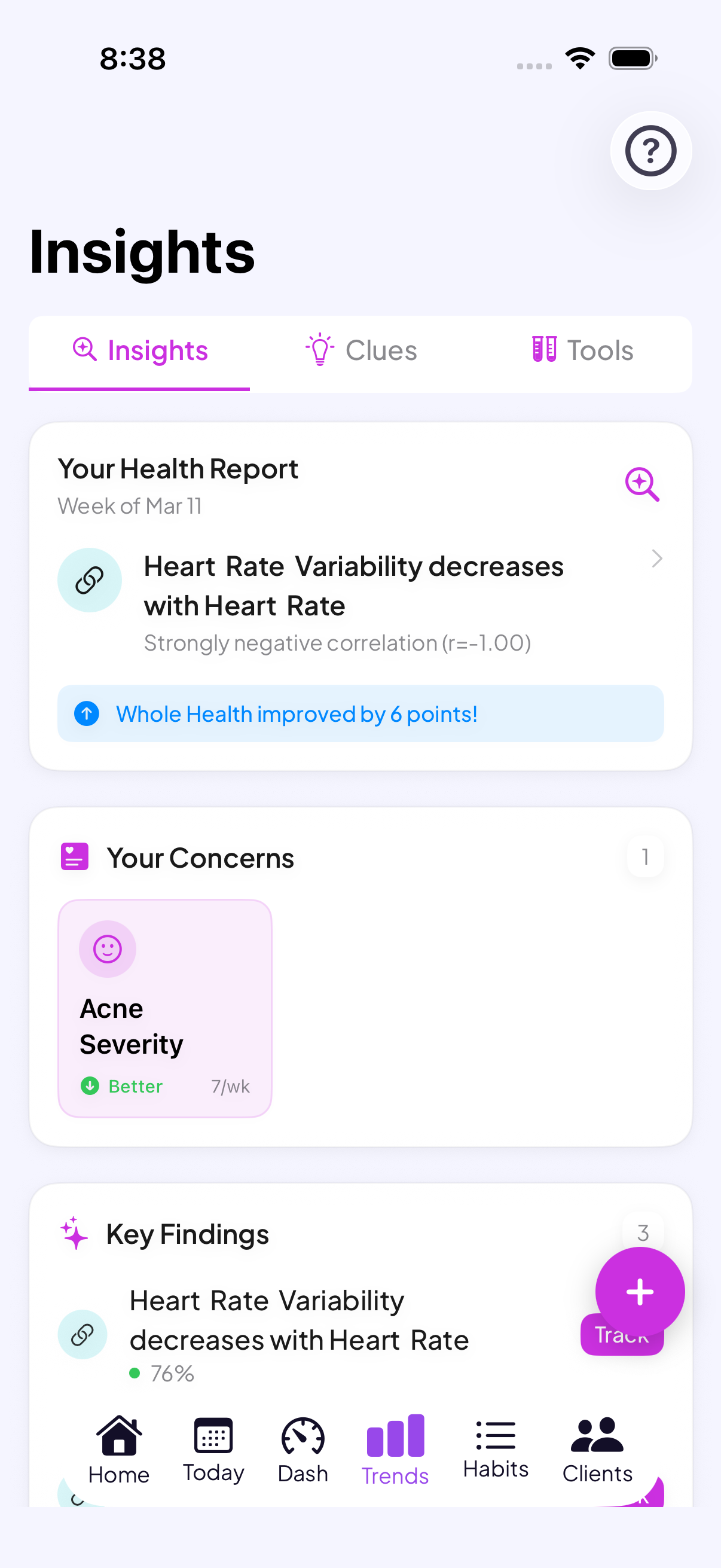 The Go Go Gaia app Insights screen showing correlation findings between tracked health metrics