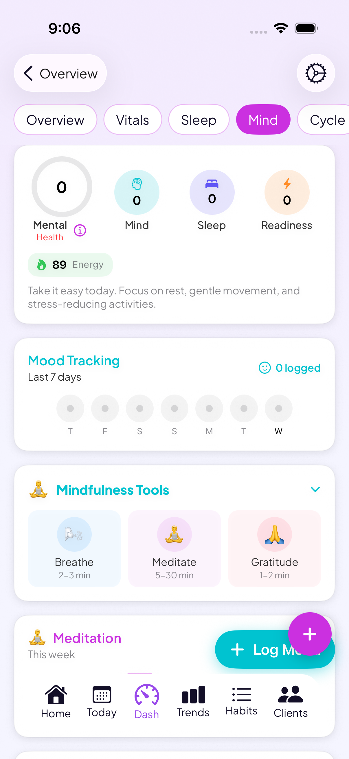 Mind and wellness dashboard with mood tracking and mindfulness tools