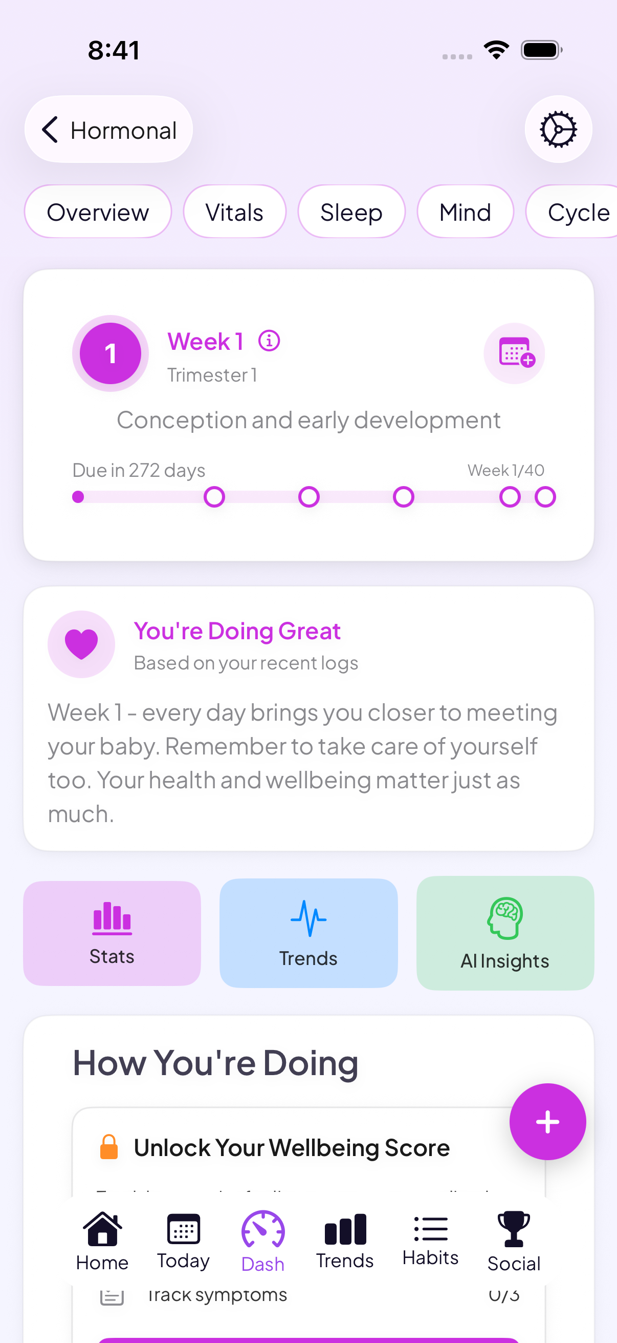 Pregnancy dashboard showing week-by-week tracking, trimester progress, and wellbeing insights