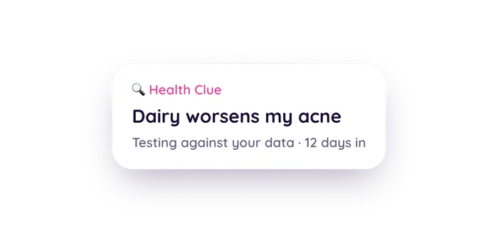 Health Clue card reading: Dairy worsens my acne, testing against your data, 12 days in