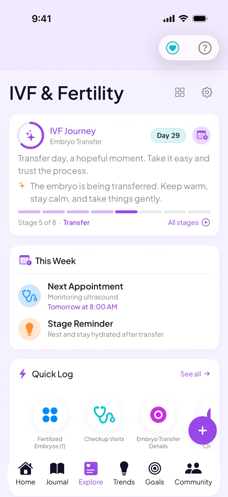 Veya IVF journey screen showing treatment stage, day count, upcoming appointments, and quick-log shortcuts