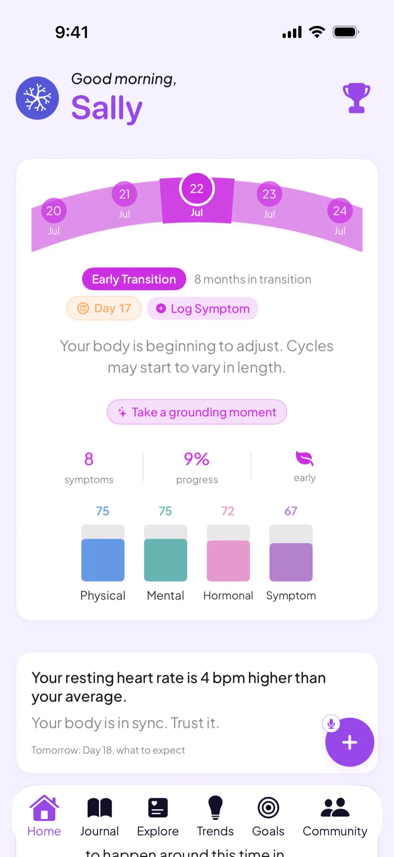 Veya perimenopause dashboard showing transition stage, day count, and physical, mental, hormonal, and symptom scores