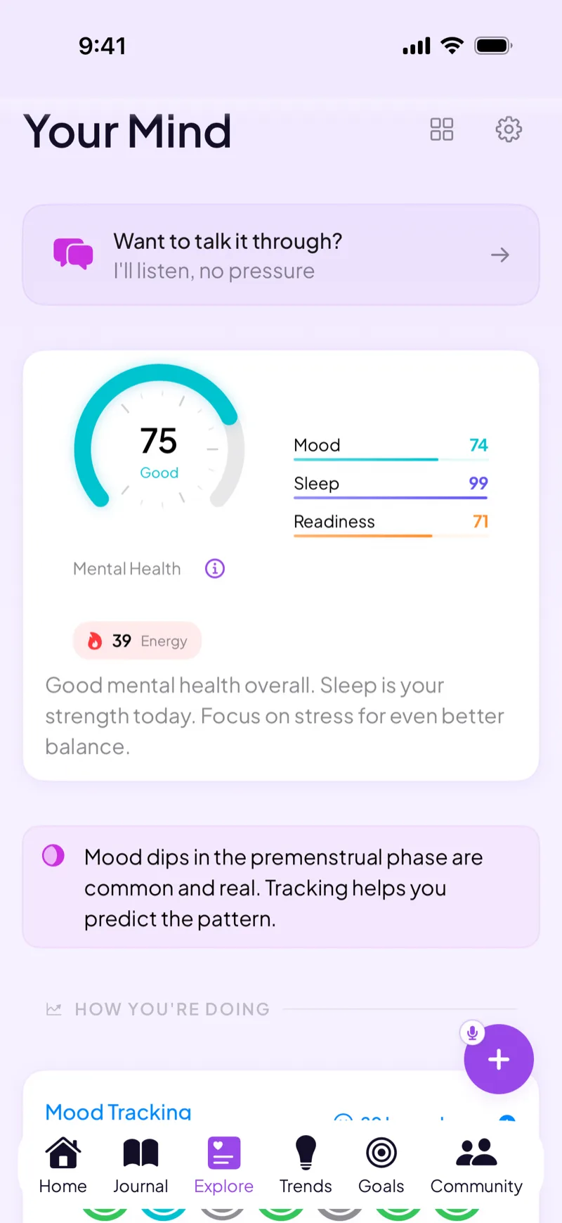 Veya Mind screen showing a mental health score with mood, sleep and readiness bars and a note that mood dips in the premenstrual phase are common