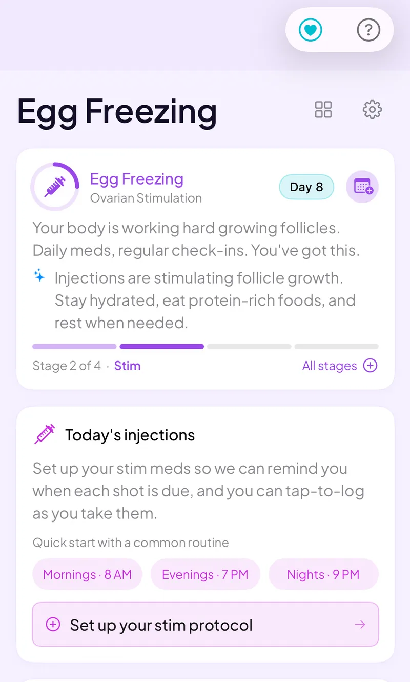Treatment cycle screen tracking stage, medications, and upcoming appointments