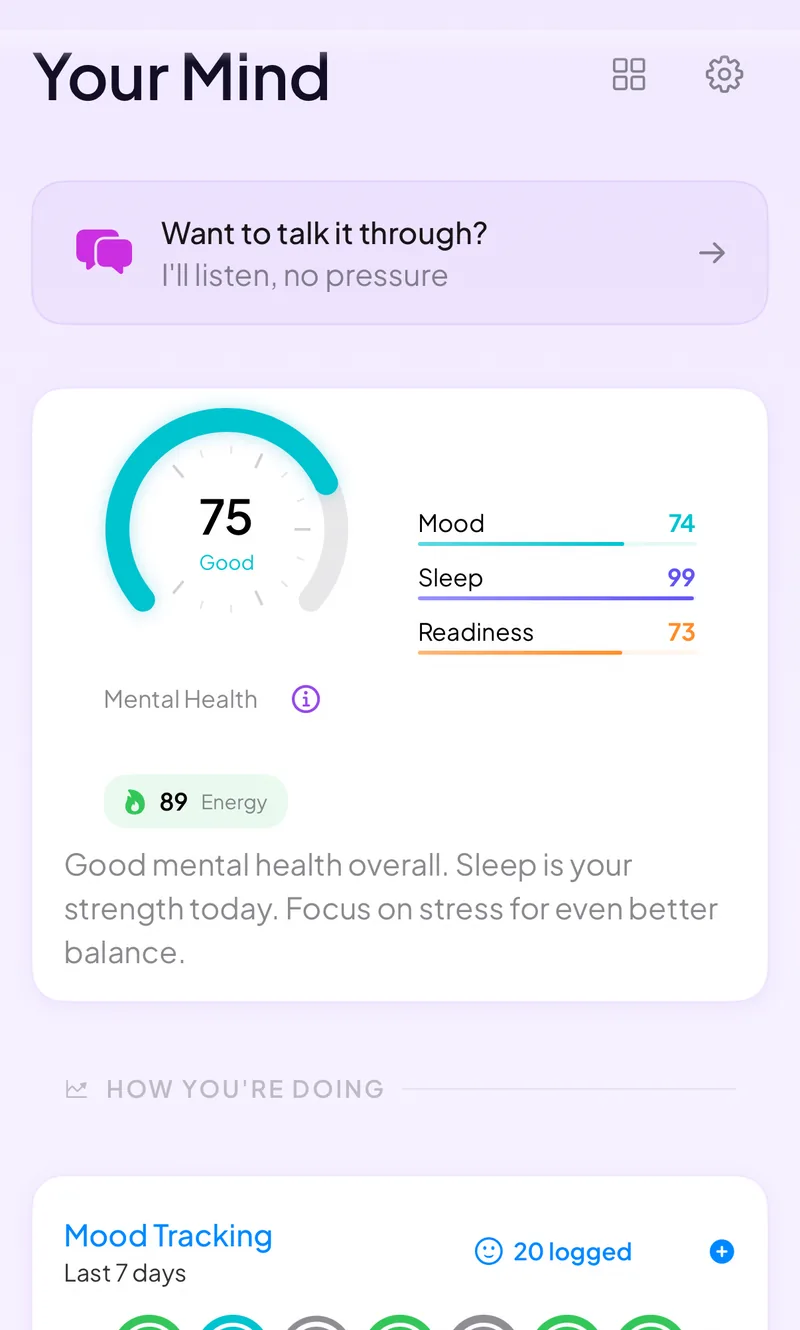 Mind screen with mental health score, mood tracking, journal, and mindfulness tools