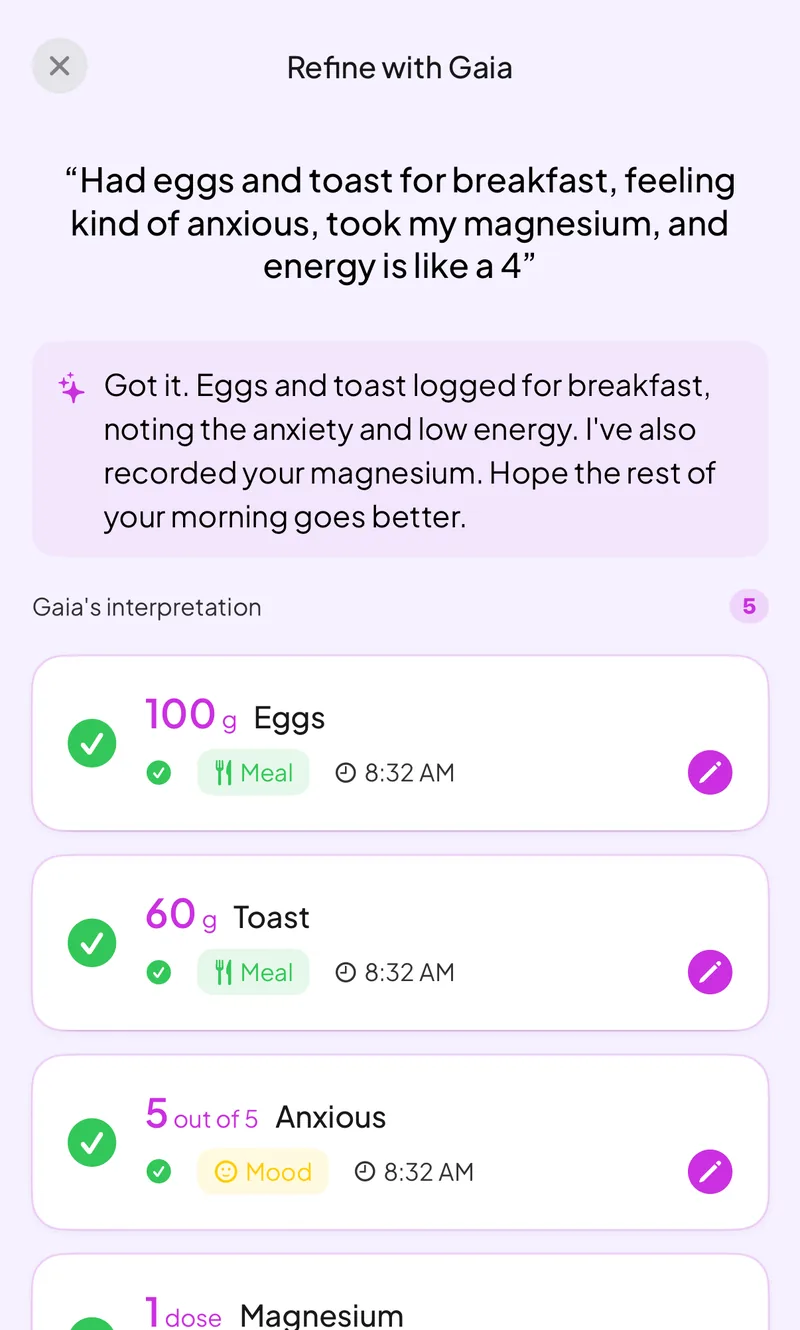 Voice logging screen where a spoken sentence about breakfast, anxiety, magnesium and energy is turned into separate meal, mood and supplement entries
